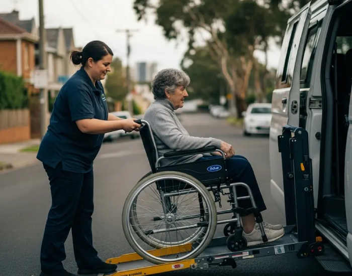 A support worker using a van lift to assist an elderly woman in a wheelchair, providing NDIS Transport Support